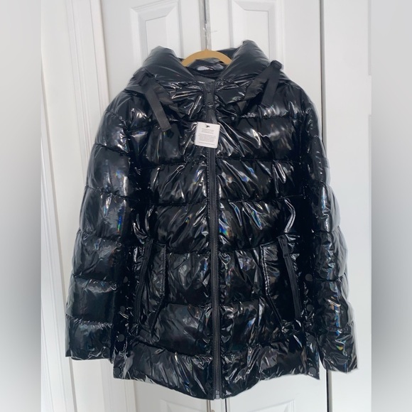 $320 DKNY Women's Water Resistant Patent Leather Glossy Puffer Jacket Black L - Picture 3 of 11